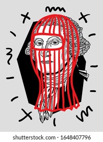 Feb. 18, 2020. George Washington sculpture. Balaclava. Vector illustration hand drawn. Crazy red style.
