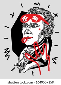 Feb. 19, 2020. Alexander Hamilton Sculpture With Glasses Show Tongue. Vector Illustration Hand Drawn. Crazy Red Style.