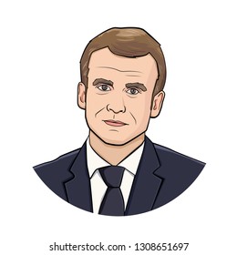 FEB, 2019. President Of France Emmanuel Macron Vector Portrait 