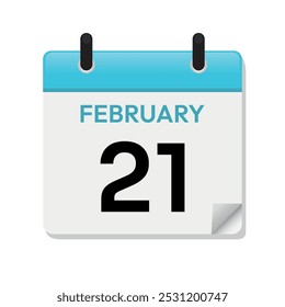 Feb 21st. February Twenty-First. Calendar Page in Flat Design. Time Concept. Month. Daily. Date Icon. Blue Vector. Day Illustration Symbol.