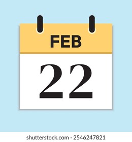 Feb 22. Daily Calendar in Flat Design. February 22nd. Yellow Illustration with Soft Blue Background. Serif Font. Time Concept. Date Icon.