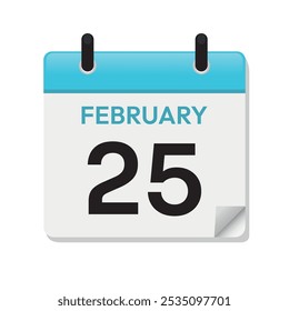 25 de fevereiro. Vinte e cinco de fevereiro. Página de Calendário em Design Simples. Conceito de tempo. Mês. Diariamente. Vetor azul. Ícone Data. Símbolo de Ilustração de Dia.