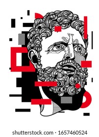 Feb. 27, 2020. Hercules sculpture. Vector illustration hand drawn. Glitch red modern style.