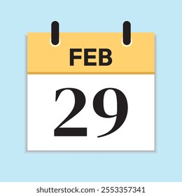 Feb 29. Daily Calendar in Flat Design. February 29th. Yellow Illustration with Soft Blue Background. Serif Font. Date Icon. Time Concept.