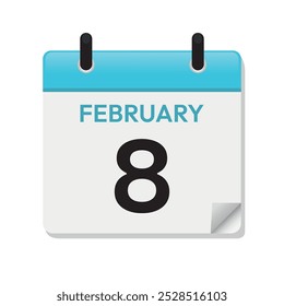 Feb 8th. February Eighth. Calendar Page in Flat Design. Time Concept. Day Illustration Symbol. Month. Daily. Blue Vector. Date Icon.