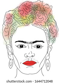 Feb.14, 2020: From Mexico, Frida Kahlo Self Portrait With Flowers. Hand Drawn Vector Illustration.