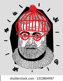 Feb.15, 2019: Vector Illustration Hand Drawn. Ernest Miller Hemingway. Crazy Portrait. With Glasses And Cap.