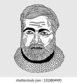 Feb.15, 2019: Vector Illustration Hand Drawn. Ernest Miller Hemingway. 