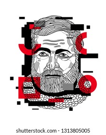 Feb.15, 2019: Vector Illustration Hand Drawn. Ernest Miller Hemingway. Glitch.
