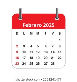 Febrero 2025 calendar page isolated on a white background (trad. february)