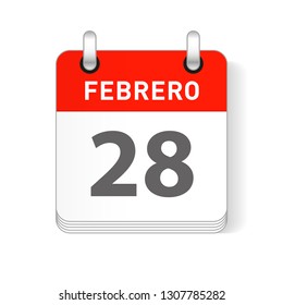 Febrero 28, February 28 date visible on a page a day organizer calendar in spanish Language