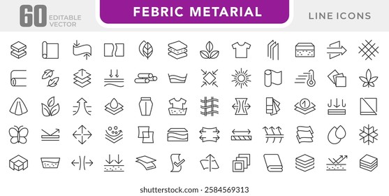 Febric Metarial line icon set. Fabric features, materials, fabric business, protection, breathable, lightweight, outline, leather, silk, synthetics, wool line icon set. UI thin line icon pack.