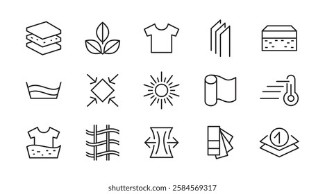 Febric Metarial line icon set. Fabric features, materials, fabric business, protection, breathable, lightweight, outline, leather, silk, synthetics, wool line icon set. UI thin line icon pack.