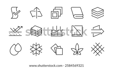 Febric Metarial line icon set. Fabric features, materials, fabric business, protection, breathable, lightweight, outline, leather, silk, synthetics, wool line icon set. UI thin line icon pack.