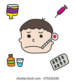 a febrile boy with various kind of medication