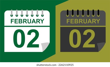 February 02 calendar date on green background or isolated icons with hollow background.