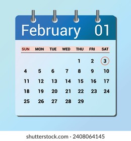 Febrero 03. Calendario de icono plano aislado en fondo azul. Ilustración vectorial de fecha y mes