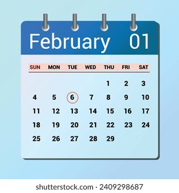 February 06. Flat icon calendar isolated on blue background. Date and month vector illustration