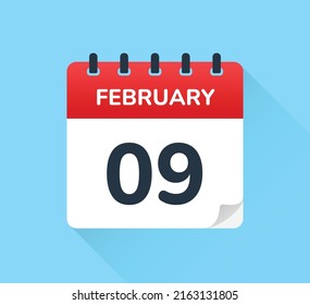 February 09 vector flat design of daily calendar icon. Date and day of the year.