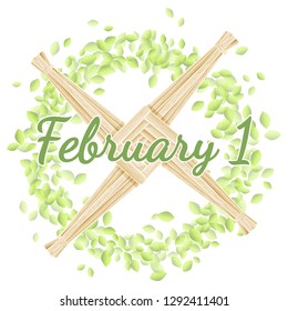 February 1. Beginning of spring pagan holiday. Brigid's Cross in a wreath of green leaves