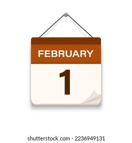 Icono de calendario con sombra. 1 de febrero, día, mes. Hora de cita de la reunión. Fecha de programación del evento. Ilustración vectorial plana. 