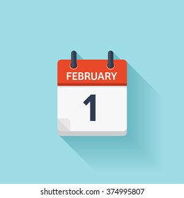 February 1. Calendar icon.Vector illustration,flat style.Date,day of month:Sunday,Monday,Tuesday,Wednesday,Thursday,Friday,Saturday.Weekend,red letter day.Calendar for 2017 year.Holidays in February.