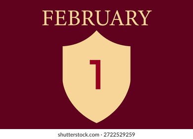 Calendário de 1º de fevereiro com imagem de escudo no fundo marrom. Ilustração do calendário de fevereiro com um layout moderno e mínimo. Conceito de gerenciamento de tempo, planejamento, organização e produtividade. Perfeito para apresentações de negócios, sites, planejadores e uso editorial ou comercial.