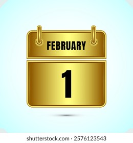 February 1 calendar and time planner on gold background. Daily calendar icon, schedule symbol