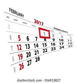 February 1, highlighted on 2017 calendar. Vector Illustration.