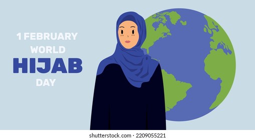 February 1, World Hijab Day vector graphic. women muslim.  Vector