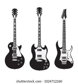 February 10, 2018: Set of black and white electric guitars isolated on white background. Popular types of guitars housing. Gibson Les Paul and SG. Superstrat.