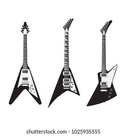 February 10, 2018: Set Of Black And White Electric Guitars Isolated On White Background. Popular Types Of Guitars Housing. Jackson Randy Rhoads. Gibson Flying V And Explorer.