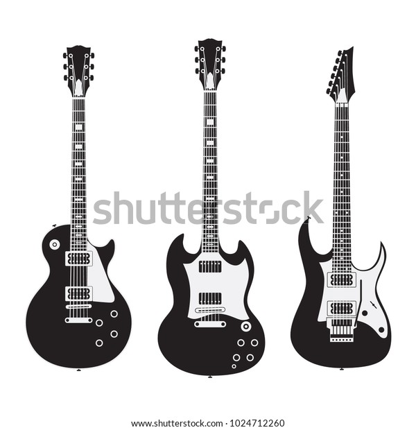 February 10, 2018: Set of black and white\
electric guitars isolated on white background. Popular types of\
guitars housing. Gibson Les Paul and SG.\
Superstrat.