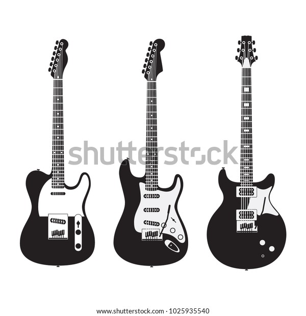 February 10, 2018: Set of\
black and white electric guitars isolated on white background.\
Popular types of guitars housing. Fender Stratocaster and\
Telecaster. PRS\
Santana.