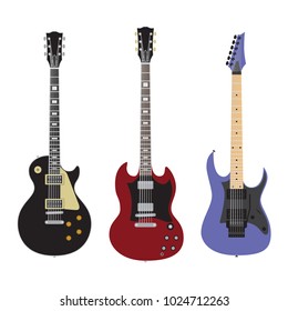 February 10, 2018: Set of electric guitars isolated on white background. Popular types of guitars housing. Gibson Les Paul and SG. Superstrat.