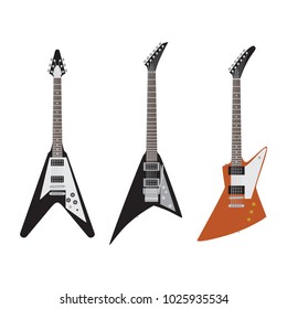 February 10, 2018: Set Of Electric Guitars Isolated On White Background. Popular Types Of Guitars Housing. Jackson Randy Rhoads. Gibson Flying V And Explorer.