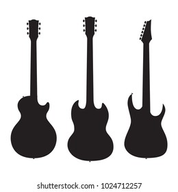 February 10, 2018: Set of silhouettes electric guitars isolated on white background. Popular types of guitars housing. Gibson Les Paul and SG. Superstrat.