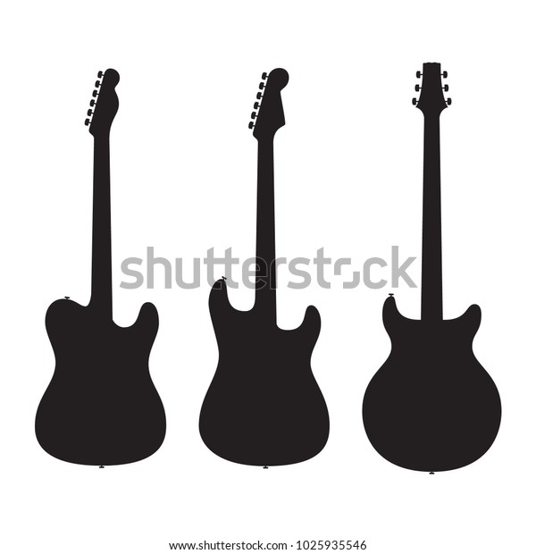February 10, 2018: Set of\
silhouettes electric guitars isolated on white background. Popular\
types of guitars housing. Fender Stratocaster and Telecaster. PRS\
Santana.