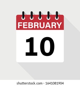 February 10 - Calendar Icon. Calendar Icon with shadow. Flat style. Date, day and month.