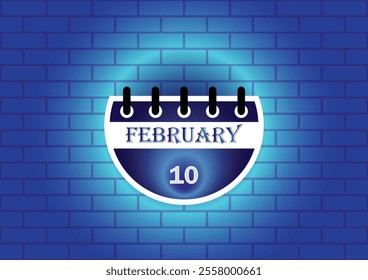 February 10 calendar sign on blue neon brick wall background. Flat design style. Date, day and month. Vector illustration.