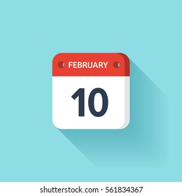 February 10. Isometric Calendar Icon With Shadow.Vector Illustration,Flat Style.Month and Date.Sunday,Monday,Tuesday,Wednesday,Thursday,Friday,Saturday.Week,Weekend,Red Letter Day. Holidays 2017.