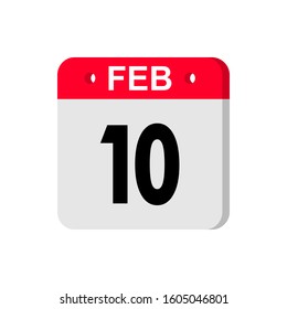 february 10 - Red calendar Icon. Calendar Icon with shadow. Flat style. Date, day and month. Reminder. Vector illustration. Organizer application, app symbol. Ui. User interface sign.