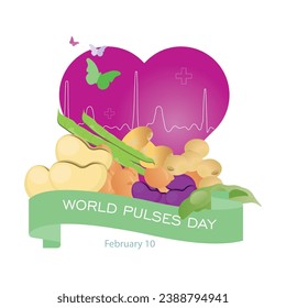 February 10 World Legume Day.
Heart, healthy life and in front of it different legumes, such as soybeans, chickpeas, lupins, lima beans, kidney beans and soya beans.