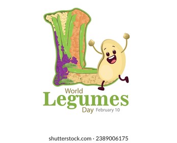 February 10, World Pulses Day.letter L filled with some pulses such as beans, chickpeas, lupins, soybeans and a smiling bean to celebrate the day, all of them on a white background.