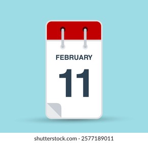 February 11 calendar icon isolated on background. February vector for day of week and month in red.. Calendar design vector template. Vertical orientation.