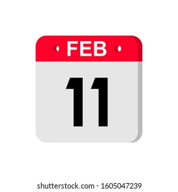 february 11 - Red calendar Icon. Calendar Icon with shadow. Flat style. Date, day and month. Reminder. Vector illustration. Organizer application, app symbol. Ui. User interface sign.