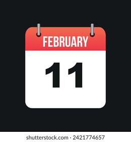 February 11, Red and White Color Calendar Page with Black Outline