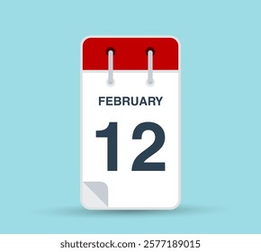 February 12 calendar icon isolated on background. February vector for day of week and month in red.. Calendar design vector template. Vertical orientation.