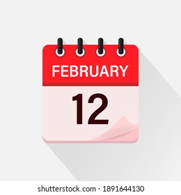 February 12, Calendar icon with shadow. Day, month. Flat vector illustration.