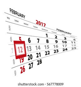 February 12, highlighted on 2017 calendar. Vector Illustration.